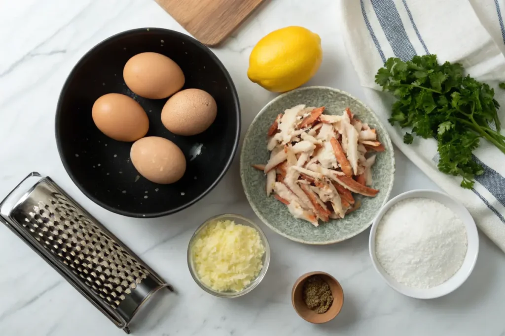 Ingredients for Crab Brulee on a kitchen counter, including eggs, fresh parsley, cream, grated crab, and cooking utensils