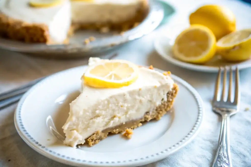 A slice of no-bake cheesecake topped with a lemon wedge, served on a white plate