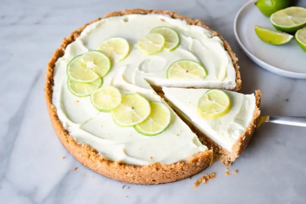 A creamy no-bake cheesecake with lime slices on a golden graham cracker crust