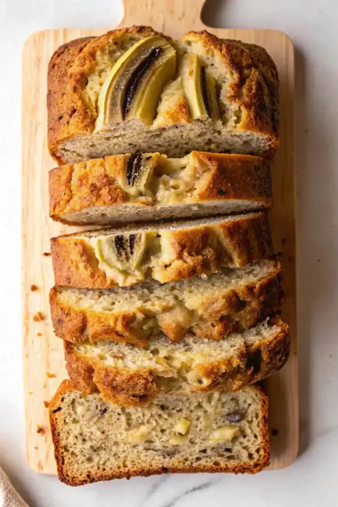 Ingredients for 4 ingredient banana bread including bananas, eggs, flour, and sugar on a white marble countertop.