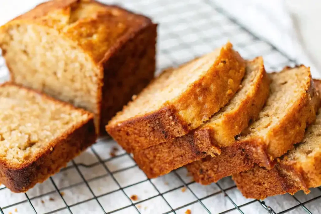 Freshly baked slices of 4 ingredient banana bread on a cooling rack, showing a golden brown crust and moist interior.