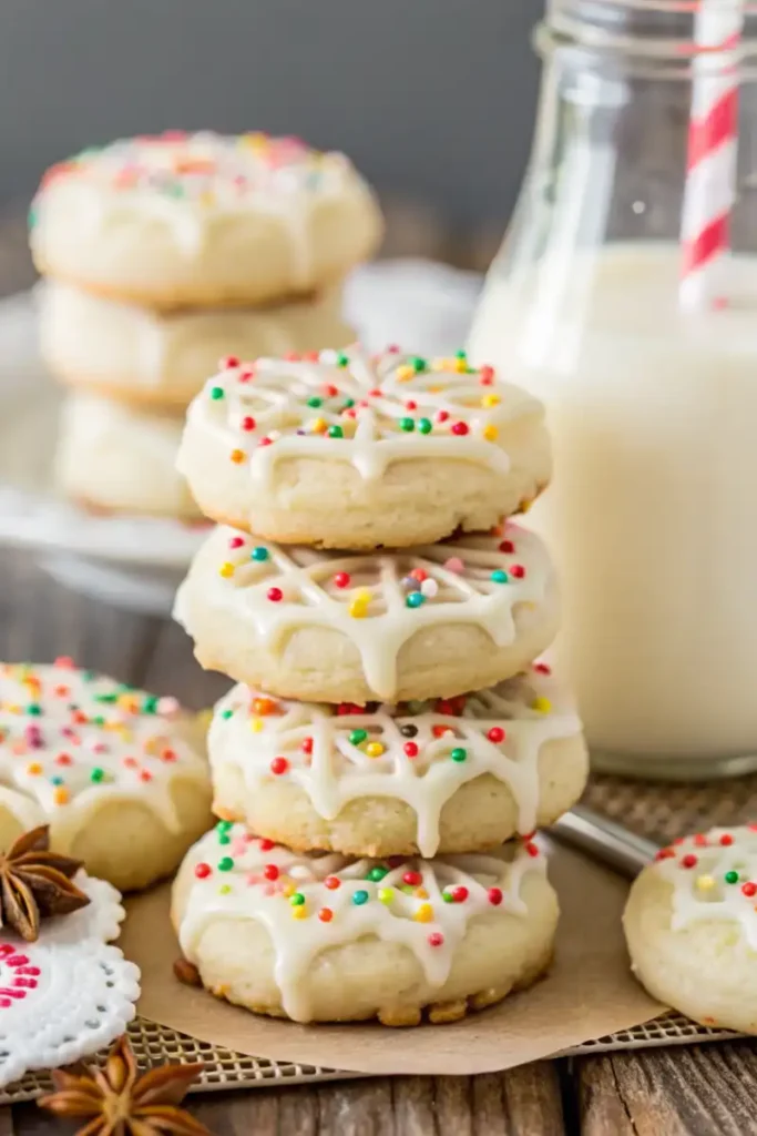 Stack of iced anise cookies topped with colorful sprinkles, placed next to a glass of milk.