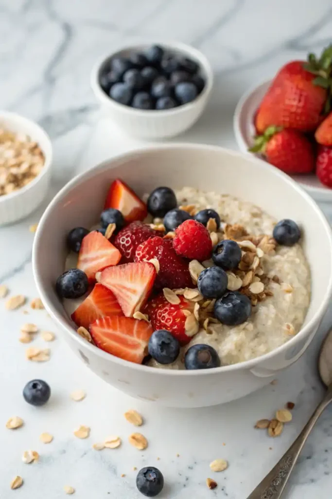 A bowlof blended overnight oats garnished with sliced strawberries, blueberries, surrounded by fresh strawberries, a banana, rolled oats, and blueberries on a marble table.