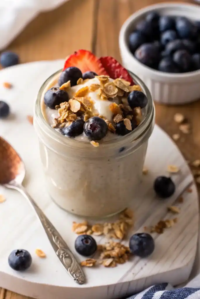 A jar of overnight oats topped with blueberries, sliced strawberries, granola, and a dollop of yogurt