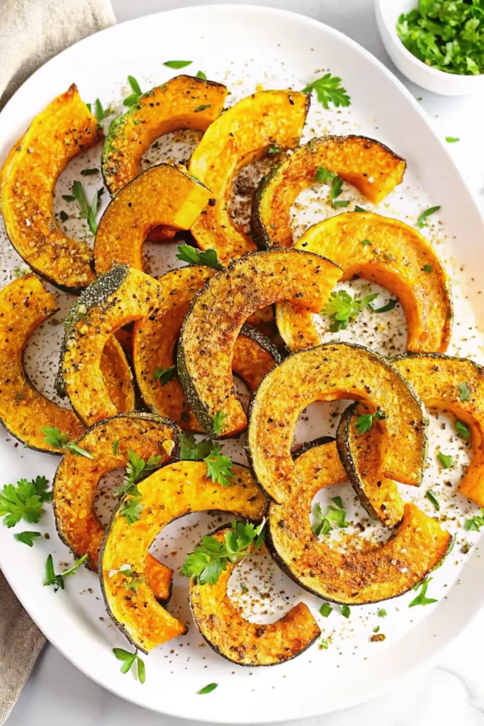 A plate of golden, roasted buttercup squash slices garnished with fresh parsley, served on a white plate with light seasoning.