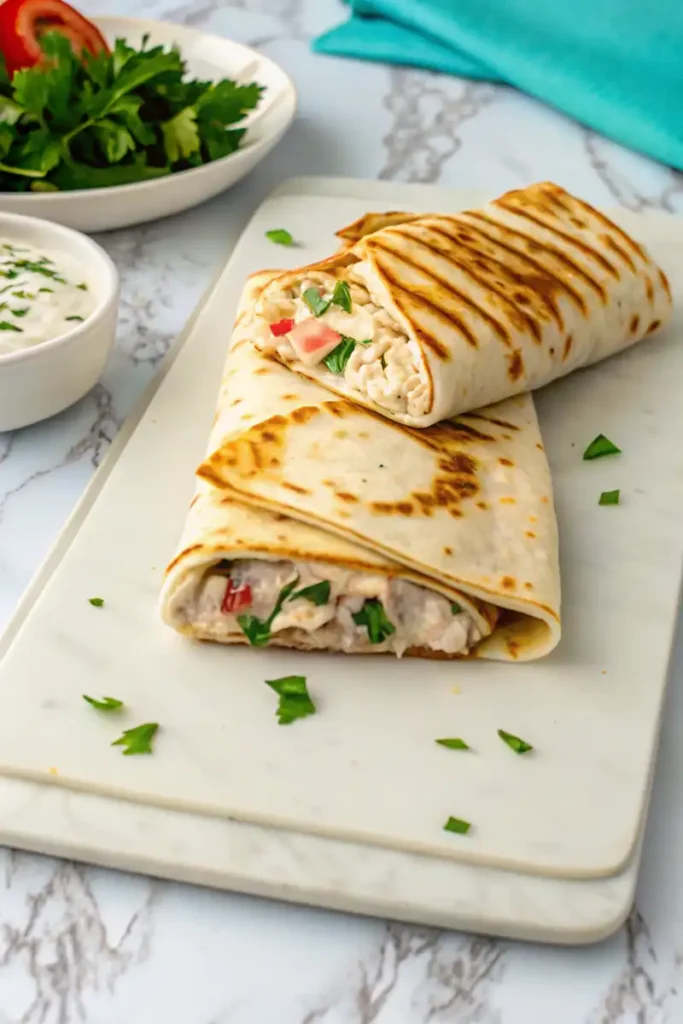 Grilled cottage cheese flatbread wraps filled with chicken and vegetables, garnished with parsley, on a white marble tray.