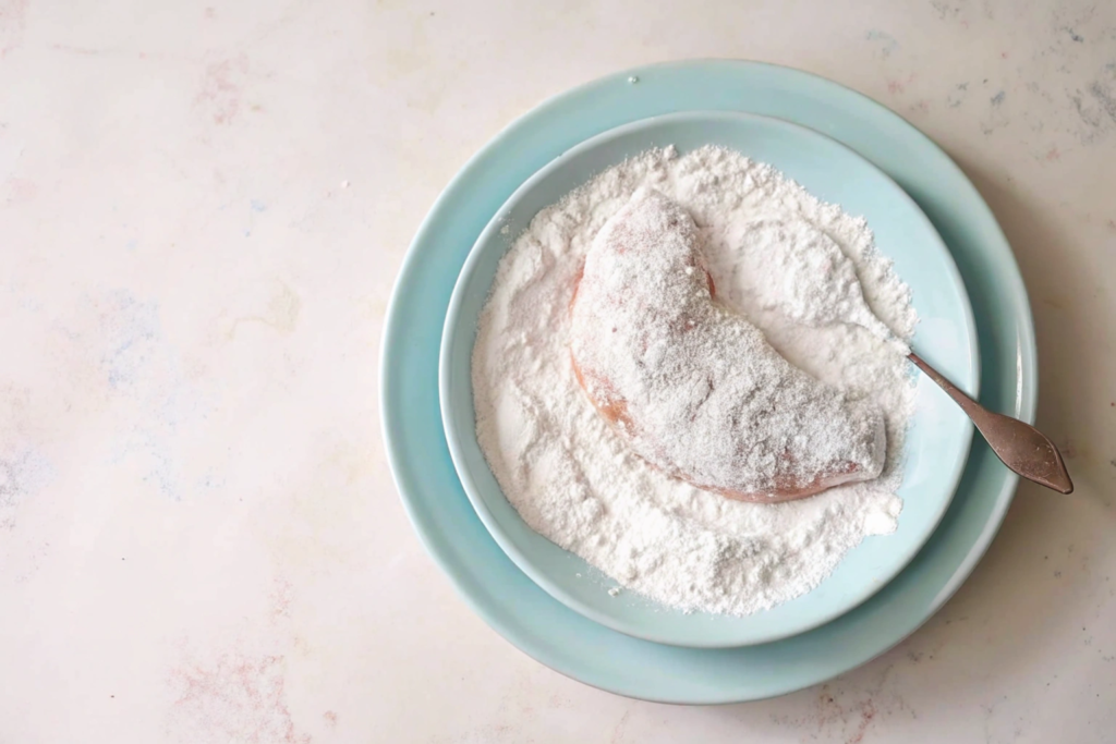 Raw chicken piece dredged in flour on a blue plate