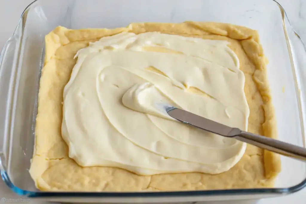 Cream cheese layer spread on dough