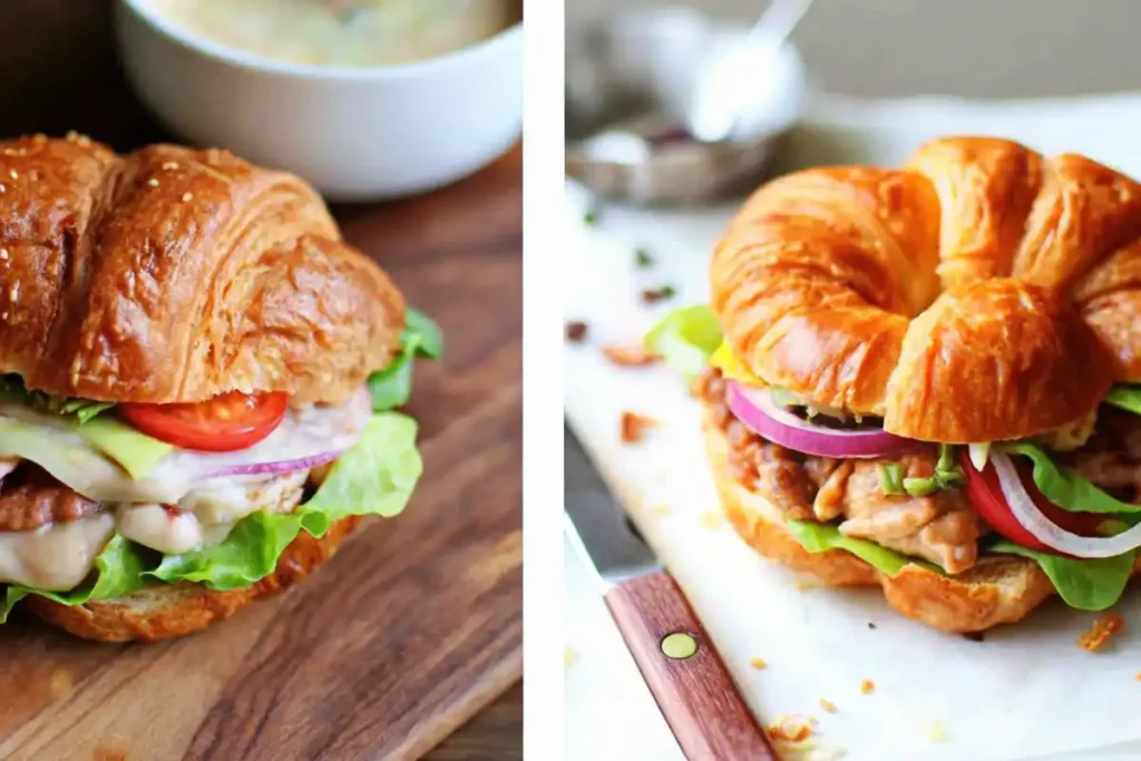 A croissant sandwich with lettuce, tomato, onion, and melted cheese served on a wooden board.