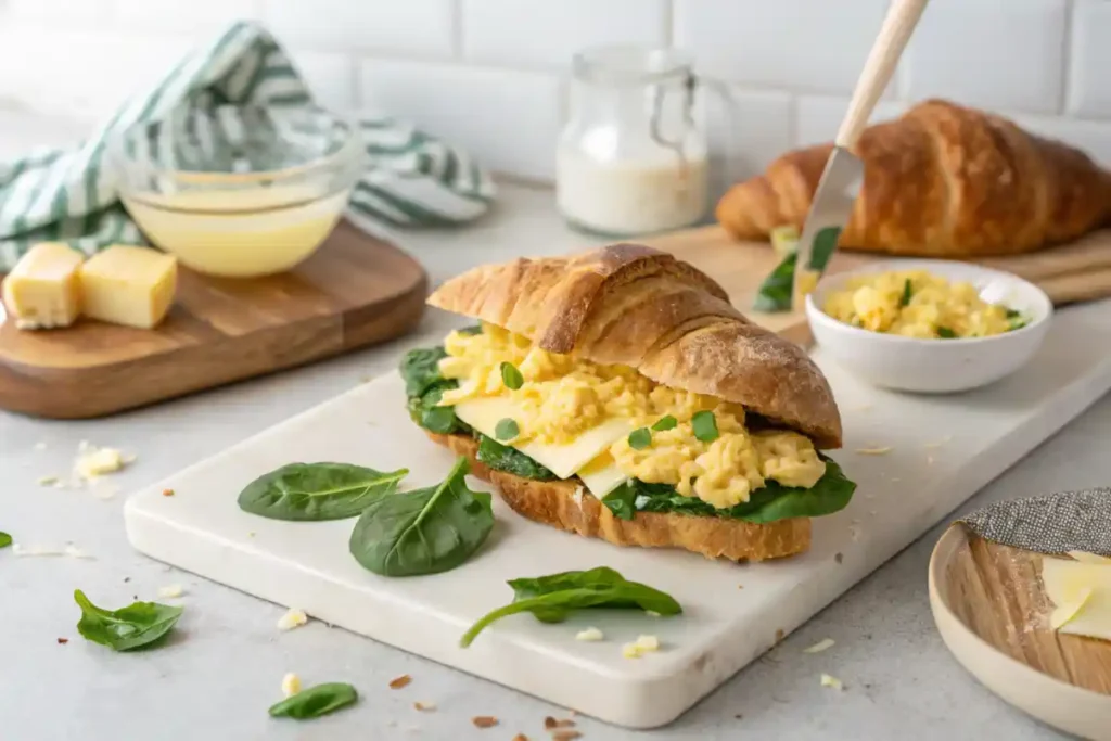 A croissant sandwich filled with scrambled eggs, spinach, and sliced cheese on a marble counter.