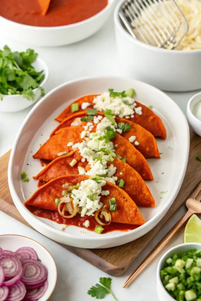 Enchiladas potosinas on a plate with lime wedges, fresh cilantro, and creamy guacamole.