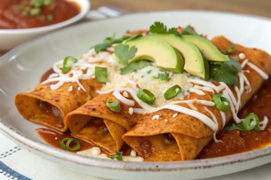 Close-up of enchiladas potosinas topped with creamy avocado slices, cilantro, and drizzled with crema.