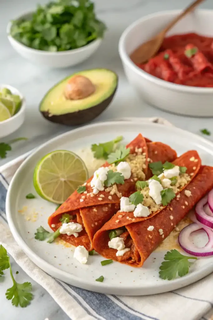 Close-up of enchiladas potosinas topped with creamy avocado slices, cilantro, and drizzled with crema.