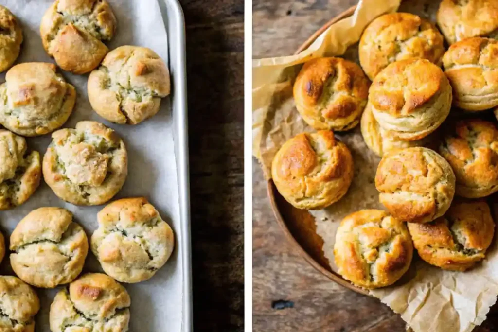 Golden gluten-free biscuits in a baking tray and bowl.