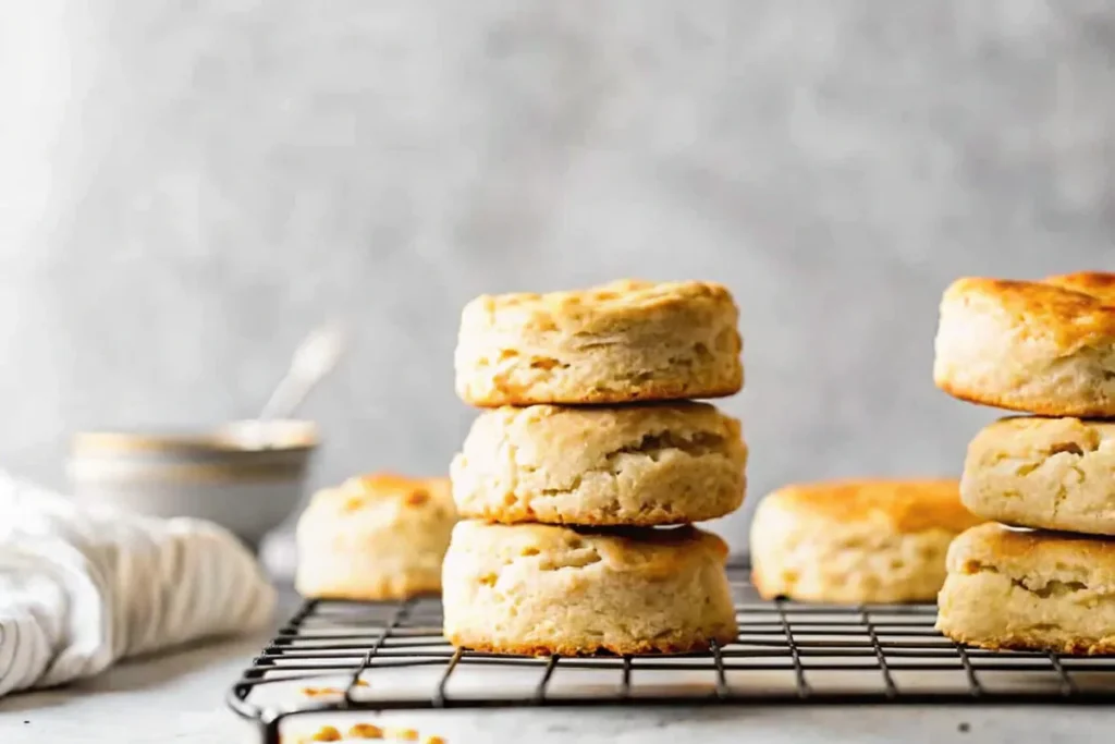 Stacked gluten-free biscuits on a cooling rack with a golden crust.