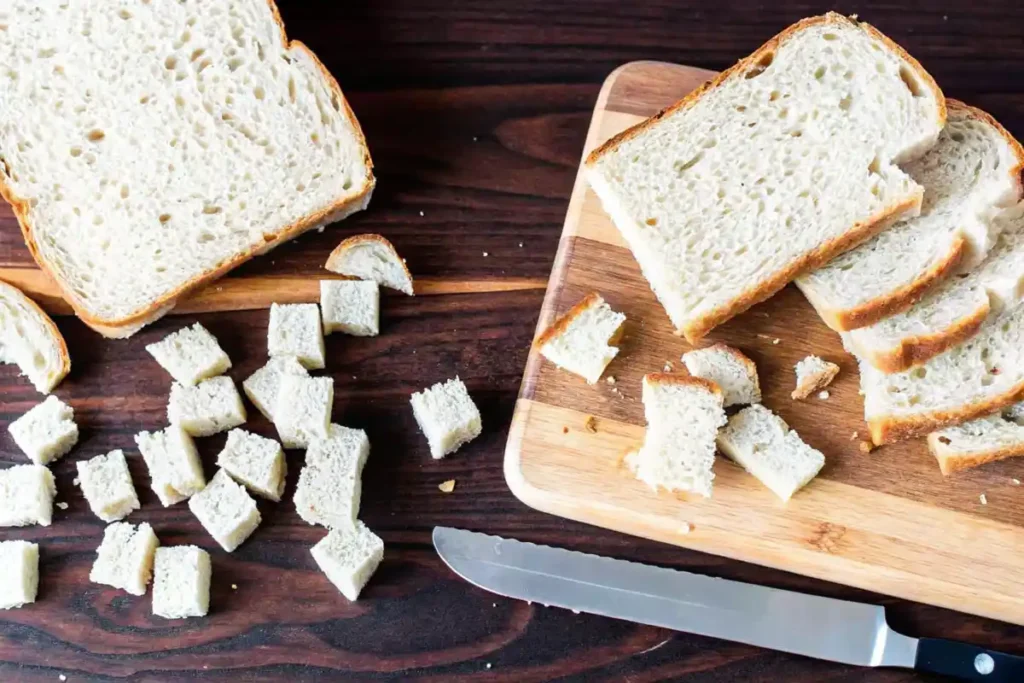 Gluten-free bread slices and cubes on a cutting board.