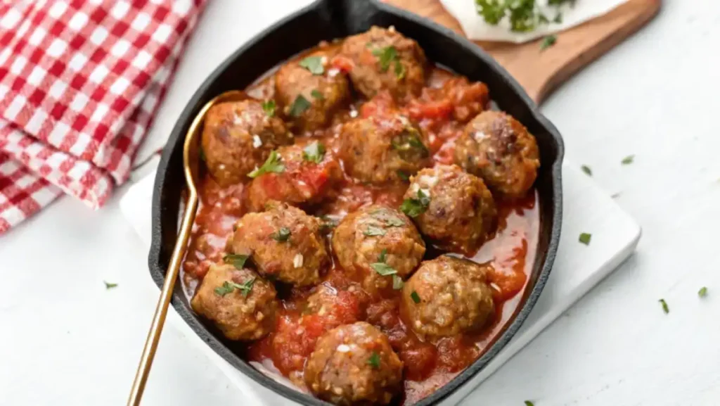 Gluten-free meatballs in marinara in a cast iron pan