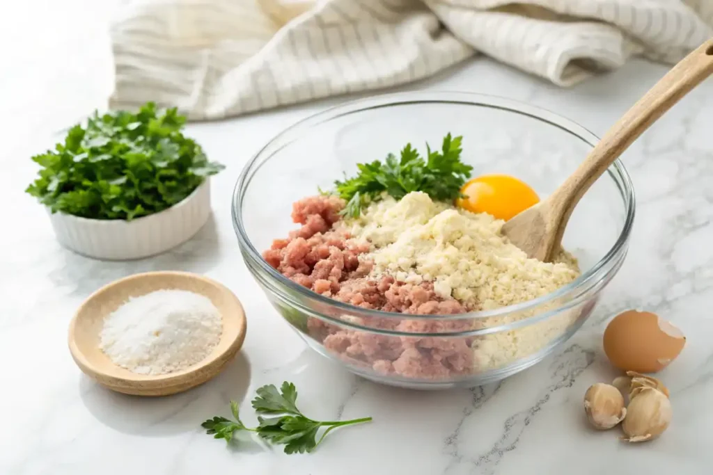 Ingredients for gluten-free meatballs in a mixing bowl