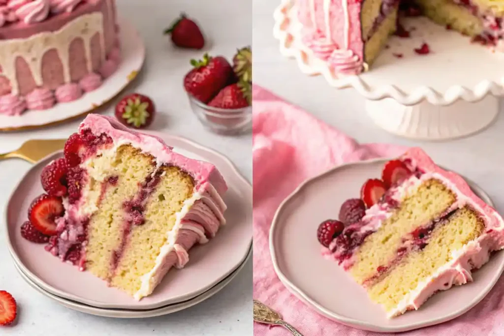 A slice of heart-shaped cake with pink buttercream frosting and fresh strawberries