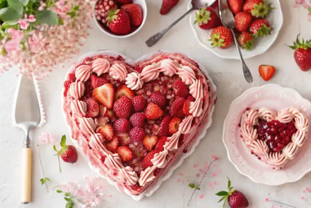 A beautifully decorated heart-shaped cake with fresh strawberries and pink frosting