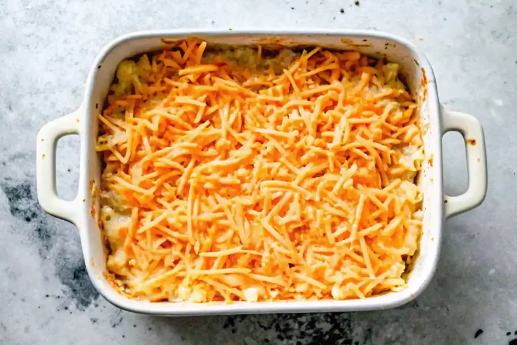 Pineapple casserole before baking, topped with shredded cheddar cheese in a white dish.