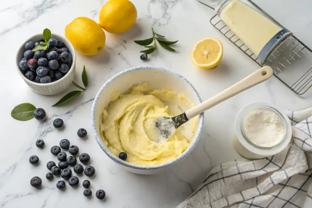 Ingredients for lemon blueberry cookies in a bowl with fresh blueberries and lemons on a white marble surface.