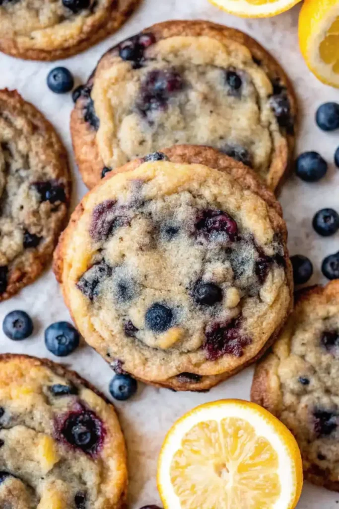 Close-up of baked lemon blueberry cookies, golden edges, and visible blueberries, with lemon slices as garnish.