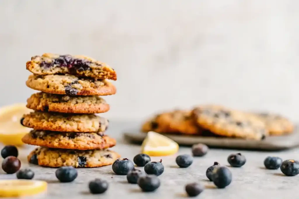 Stack of baked lemon blueberry cookies with a bite taken, surrounded by fresh blueberries and lemon slices.