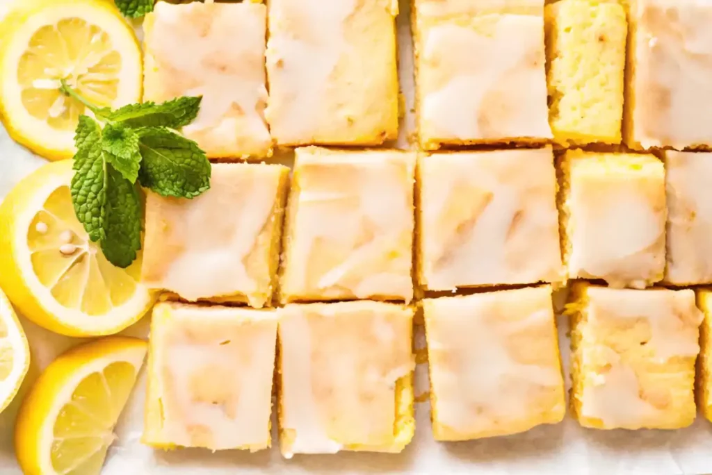 Sliced lemon brownies arranged neatly with lemon slices and fresh mint leaves.