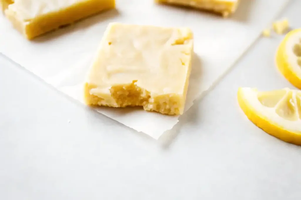 A single lemon brownie with a bite taken out, sitting on parchment paper with lemon slices.