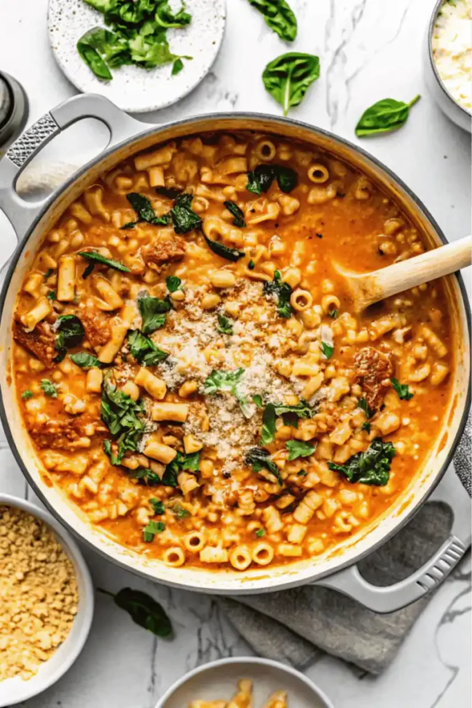 Creamy tomato-based chicken soup with ditalini pasta, sun-dried tomatoes, and fresh spinach