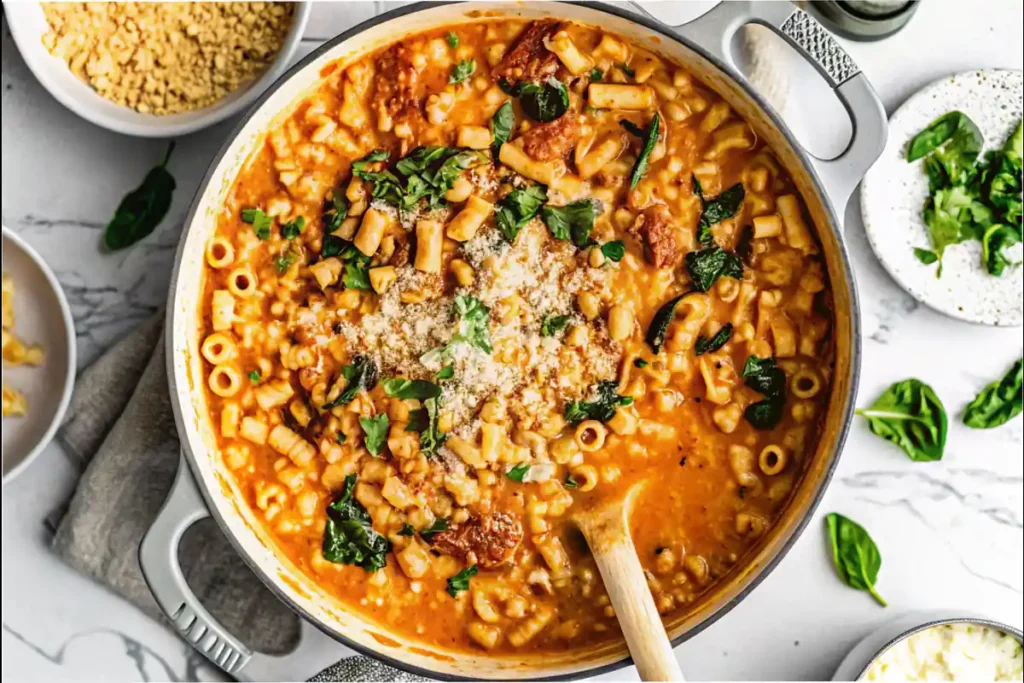 Pot of creamy chicken soup with spinach and sun-dried tomatoes, ready to serve