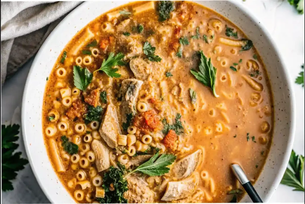 Bowl of creamy chicken soup with ditalini pasta, parsley, and sun-dried tomatoes