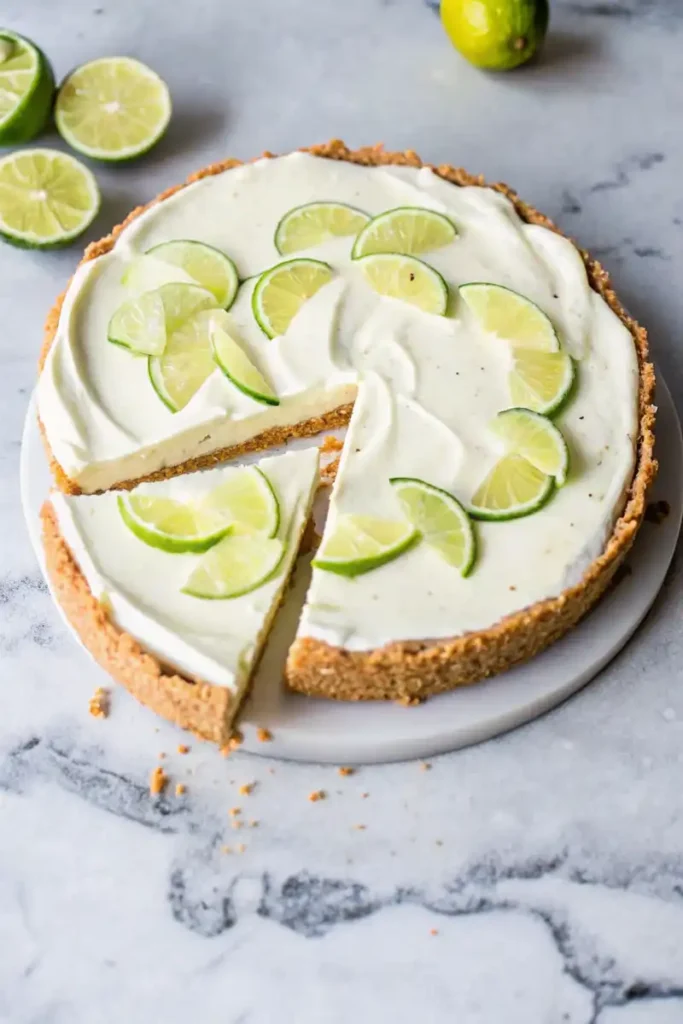 A creamy no-bake cheesecake garnished with fresh lime slices on a graham cracker crust