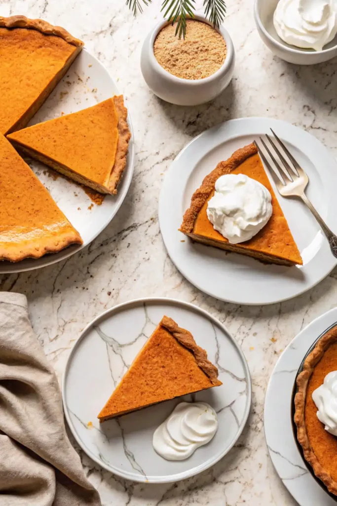 Multiple slices of pumpkin pie on white plates with whipped cream