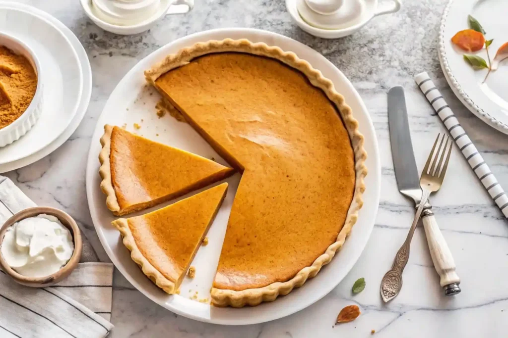 A full no bake pumpkin pie with slices cut and served