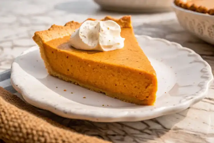 A slice of no bake pumpkin pie with whipped cream on a white plate