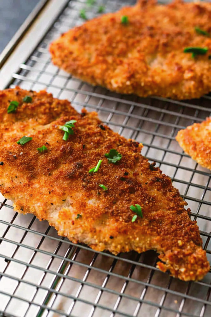 Crispy golden panko breaded chicken on a wire rack garnished with parsley