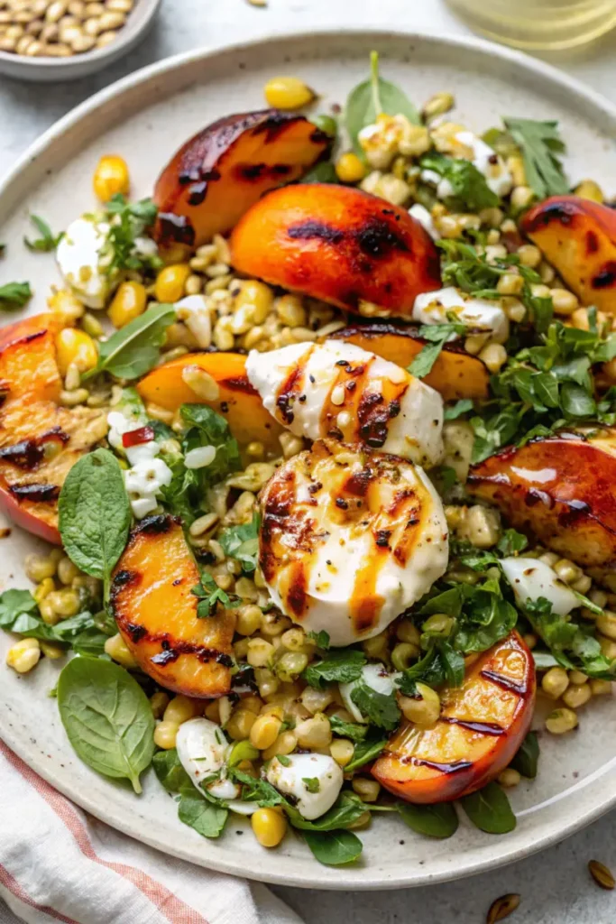 Grilled peach burrata salad with fresh mint, sweet corn, creamy burrata, and balsamic glaze on a white ceramic plate.