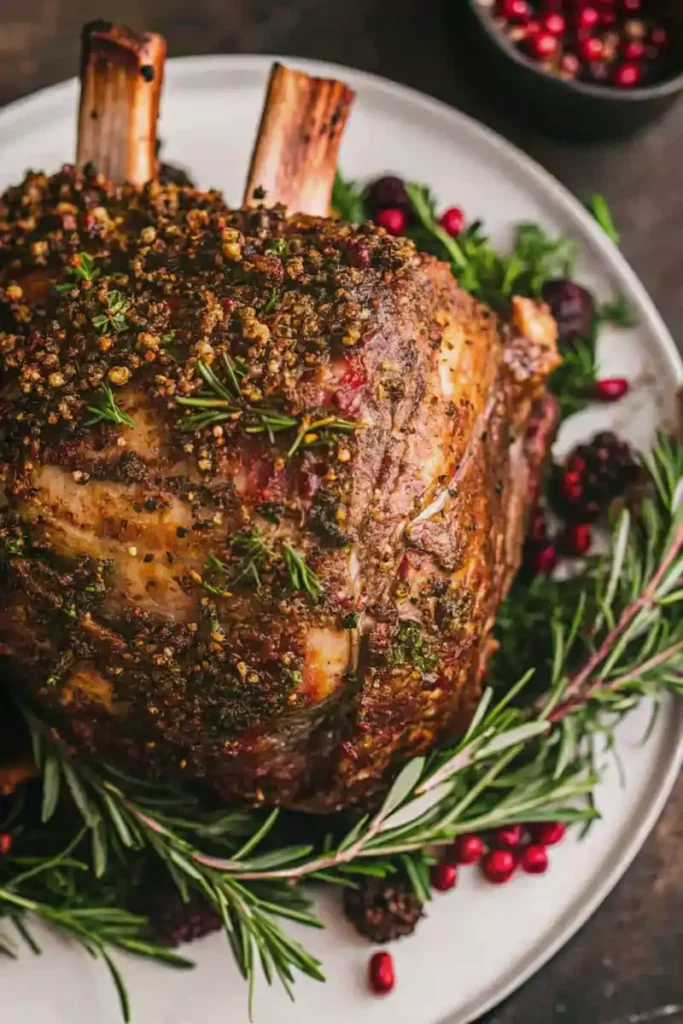 Prime rib roast with a crusted dry rub of herbs