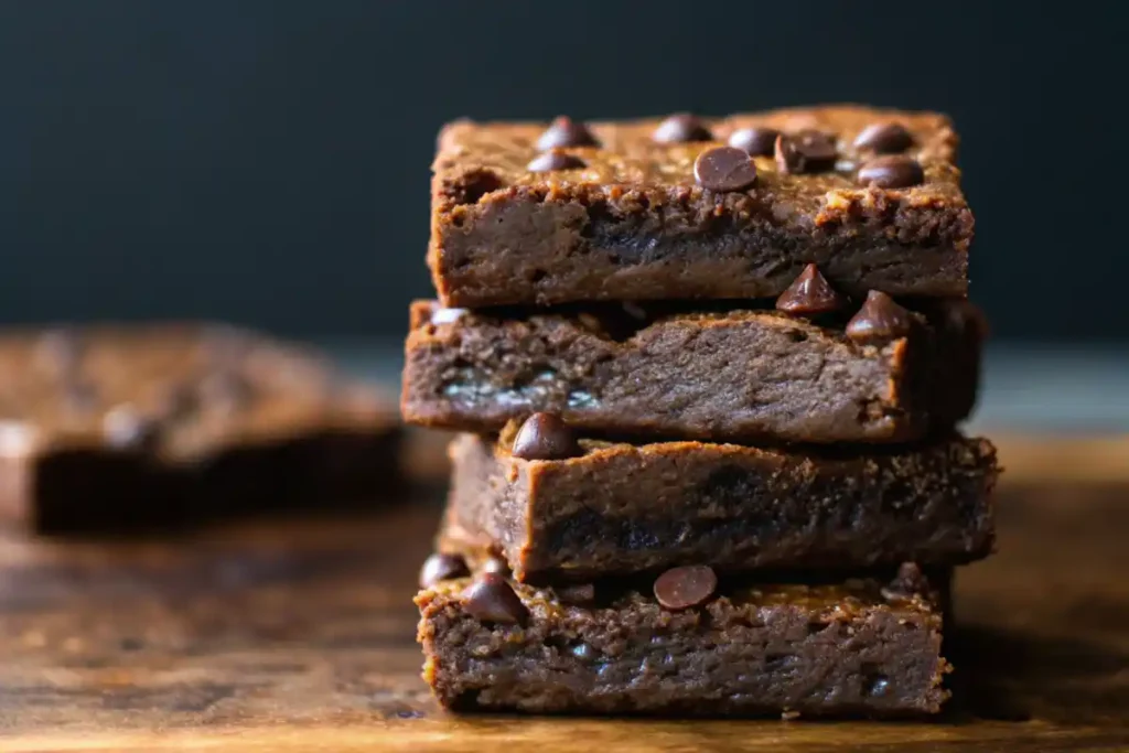 Stack of protein brownies topped with chocolate chips on a wooden board with a dark background.