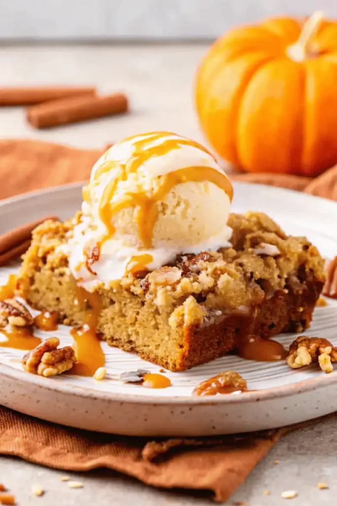 A slice of pumpkin dump cake served on a plate, topped with vanilla ice cream and caramel drizzle, next to a mini pumpkin.