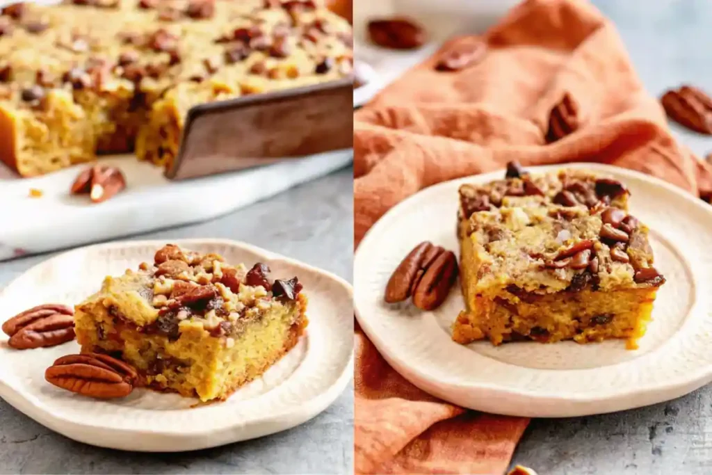 Two servings of pumpkin dump cake on small plates with pecans, placed on an orange napkin.