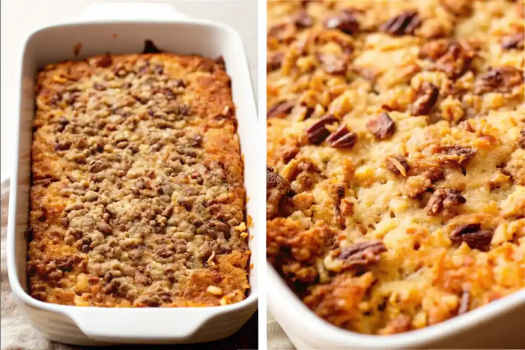 A freshly baked pumpkin dump cake in a white ceramic dish with a golden-brown topping and pecans.