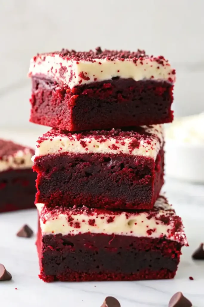 Stacked red velvet brownies with cream cheese topping