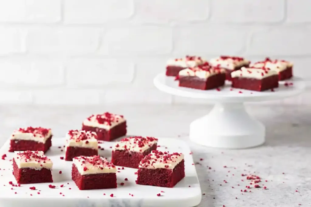 Close-up of red velvet brownies topped with cream cheese frosting