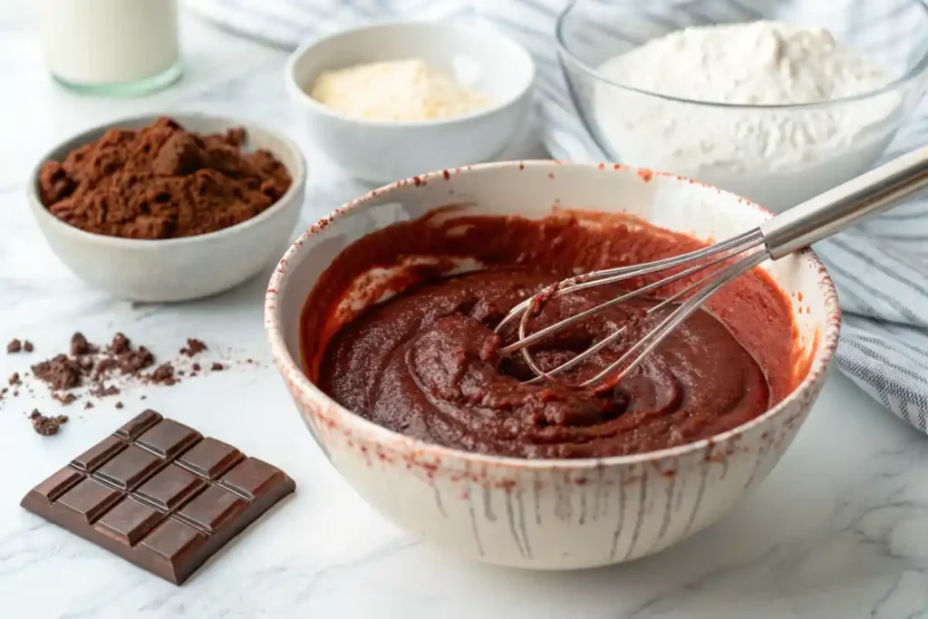 Bowl of red velvet brownie batter being whisked