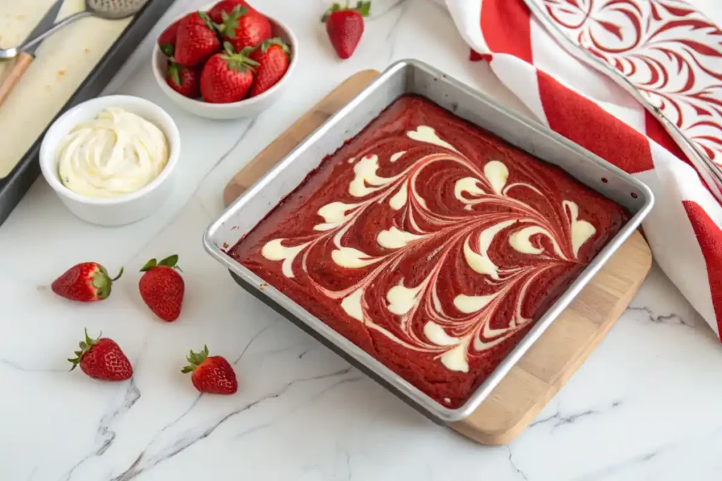 Red velvet brownie batter swirled with cream cheese