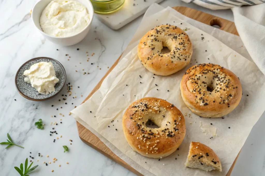 Freshly baked bagels topped with black and white sesame seeds, arranged on parchment paper alongside a bowl of cream cheese in a rustic and cozy setting.