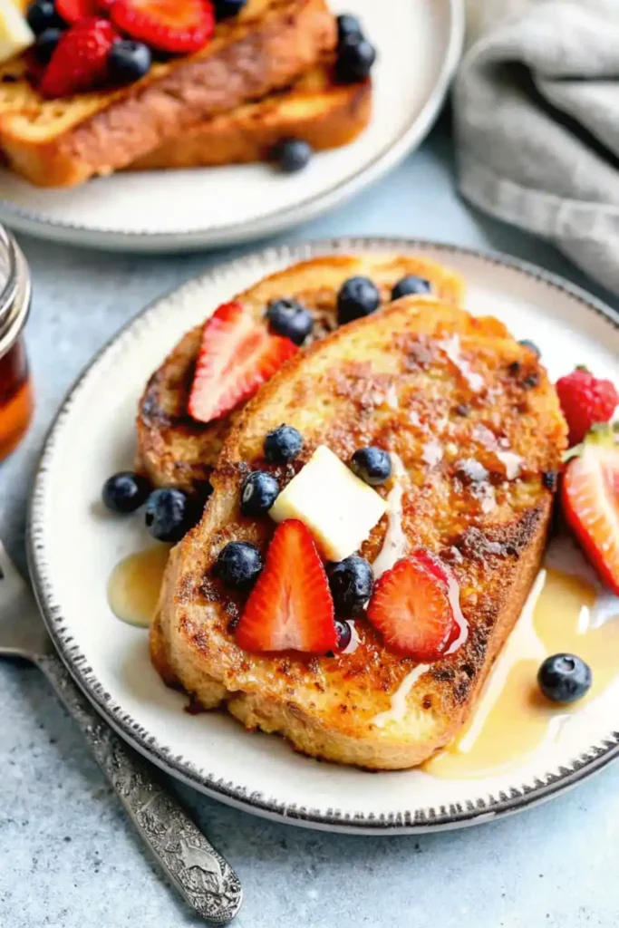 A plate of sourdough French toast topped with fresh berries, butter, and drizzled syrup, shot in natural light.